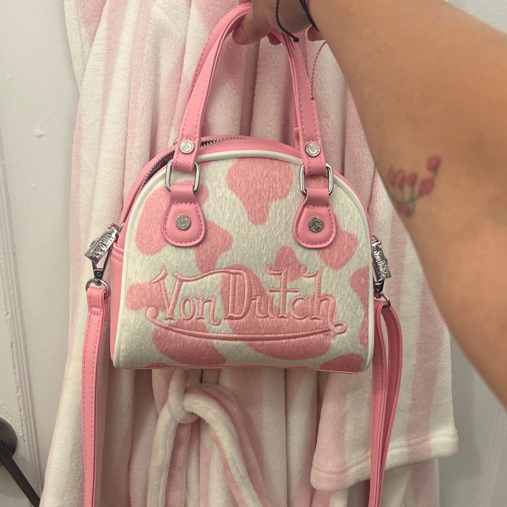Von Dutch PINK & WHITE COW PRINT BOWLING BAG